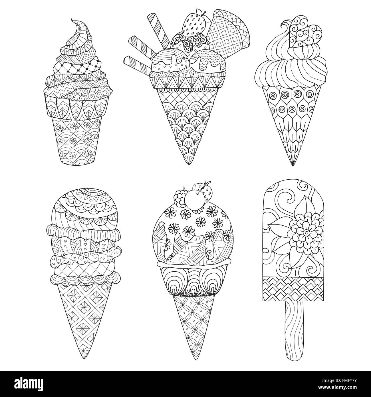 Zentangle Ice Cream Set For Coloring Book For Adult And Other Decorations Stock Vector Image Art Alamy