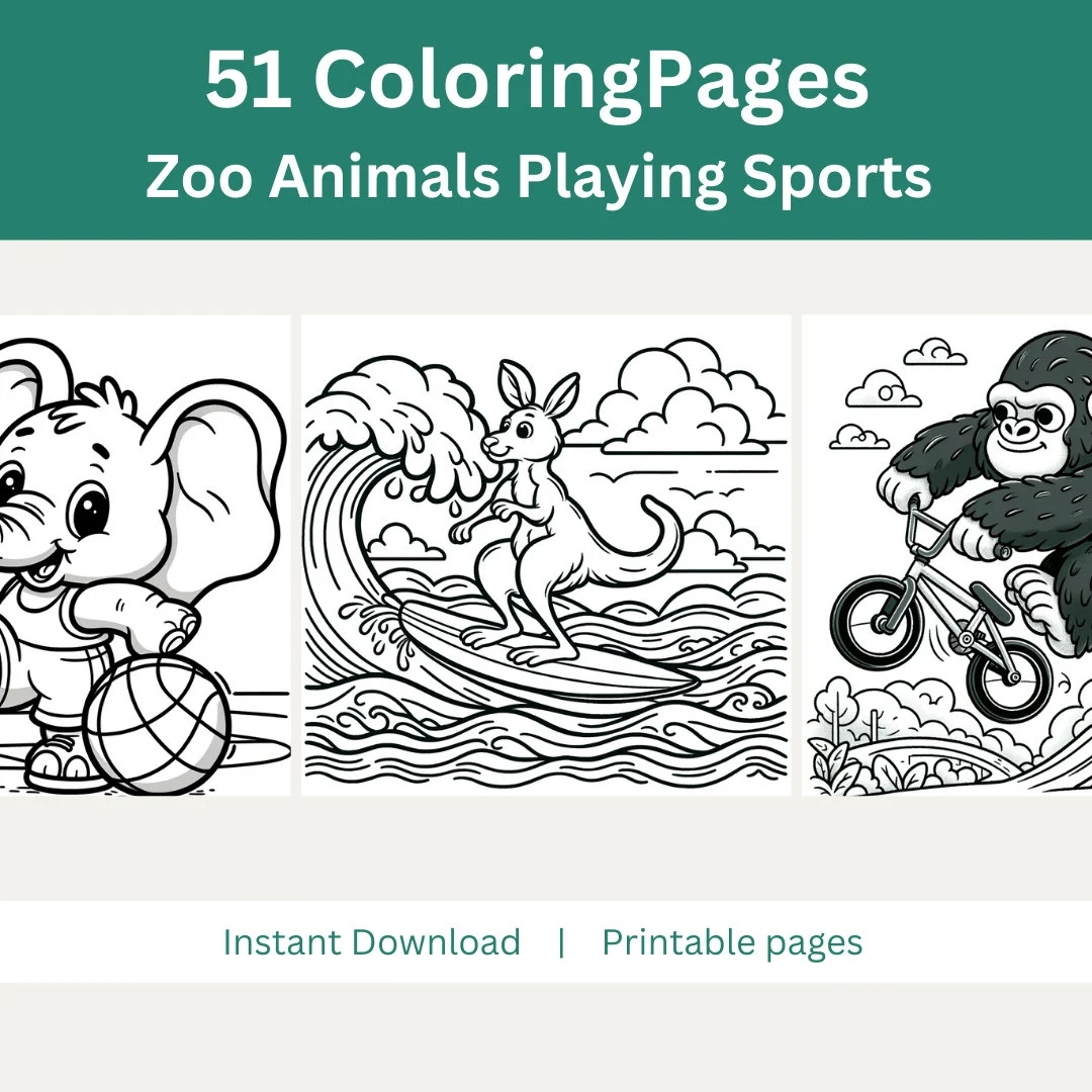 Zoo Animals Playing Sports Coloring Pages Kid s Coloring Pages Printable Coloring Animals Coloring Book Etsy