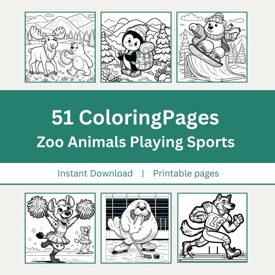 Zoo Animals Playing Sports Coloring Pages Kid s Coloring Pages Printable Coloring Animals Coloring Book Etsy